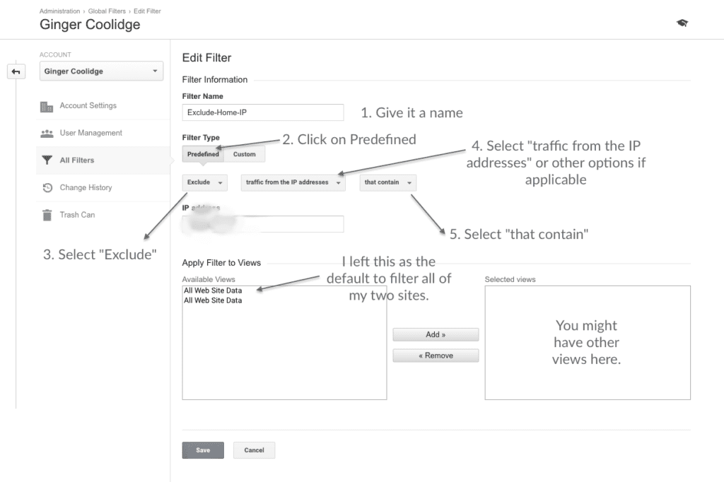 screen shot of my Google Analytics global filter edit page