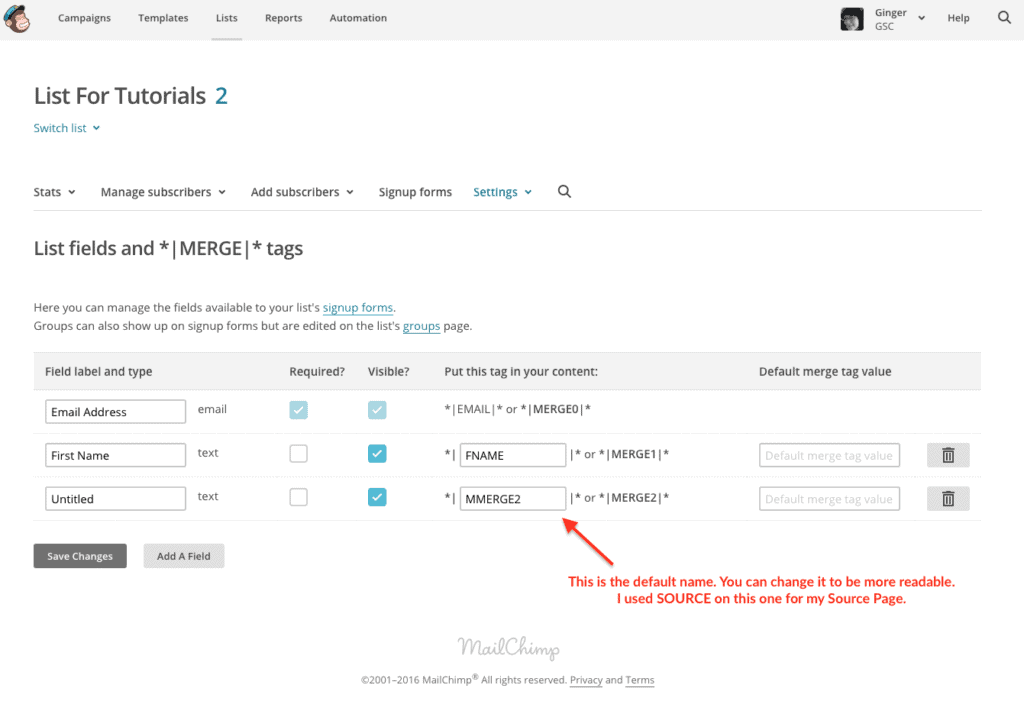 screen shot in MailChimp showing new merge tag field entered.