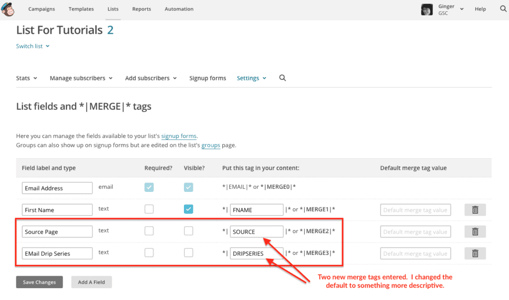 screen shot in MailChimp of saved merge tag fields added
